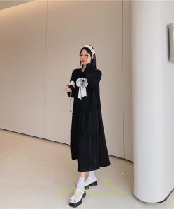 マキシ | 切り替えワンピース 長袖ワンピース 大きいサイズ ゆったり 体型カバー 黒ワンピース プリント ちょう 30代50代 かわいい 秋物 大人40代 レディース