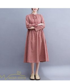 ミディアム | ワンピース ゆるワンピース レディース チェック柄 ゆったり 秋コーデ 着痩せ 体型カバー 可愛い 長袖ワンピース 大きいサイズ ポケット ひざ丈