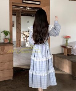 マキシ | チェック柄ワンピース 秋 レディース Aラインワンピース 長袖ワンピ キャザー 切り替え レース かわいい 大人 お呼ばれ 腰美ライン 通学通勤 30代 着痩せ