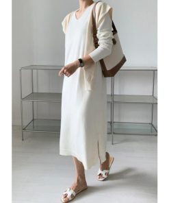 ニットワンピース | ワンピース 秋冬 ロングワンピース ミモレ丈 無地 ゆったり 体型カバー 柔らか 大人 長袖 20代30代 セーター Vネック アウター ニット 50代