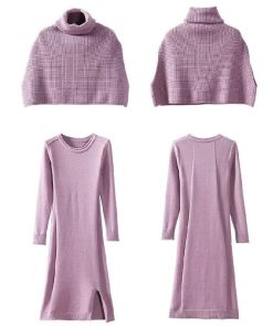 在庫ある | 短納期ニットワンピース ニットトップス 2点セット セットアップ タイトワンピース 裾スリット ハイネックショート丈トップス 長袖 シルエット OL カットソー