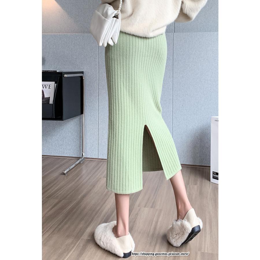 スカート | ニットストレッチレディース 秋冬 ロング丈 ミモレ丈 後ろスリット入れ タイトウエストゴム スリム リブニット 大人