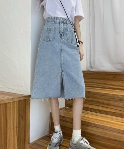 ひざ丈スカート | 膝下丈 デニムスカート レディース Aライン カジュアル ボトムス 裾フリンジ スリット