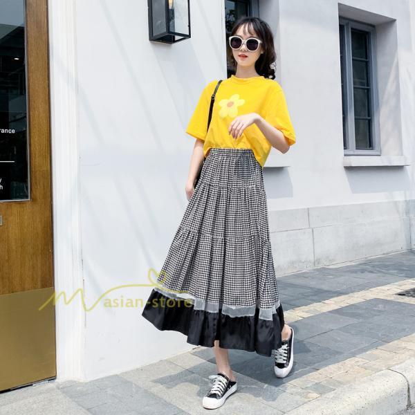 スカート | フレア ロング春物 レディース 春夏 チェック柄 ドッキング リゾート 体型カバー お出かけ 20代30代40代50代 着痩せ 通勤通学 カジュアル
