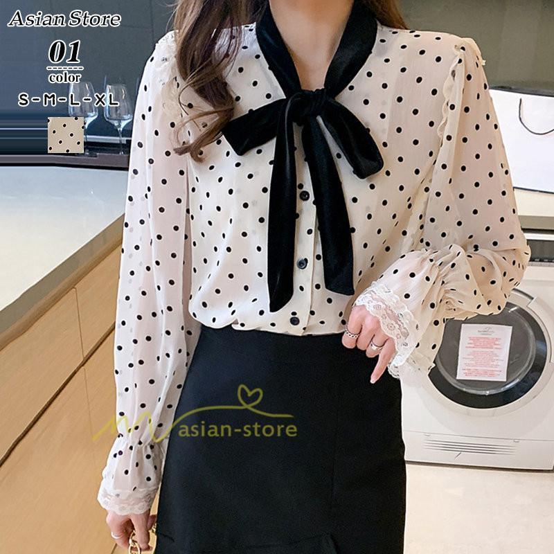 シャツ・ブラウス | ブラウス レディース 長袖ブラウス 秋服 オフィスブラウス リボンネック オシャレブラウス プリントトップス 韓国風 大人 ゆったりシャツ 通勤OL ドット柄 上品