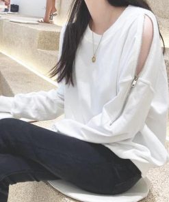 Tシャツ・カットソー | スウェット トレーナー 肩出しトップス カジュアル ファスナー オープンショルダー 体型カバー セクシー ゆったり クルーネック