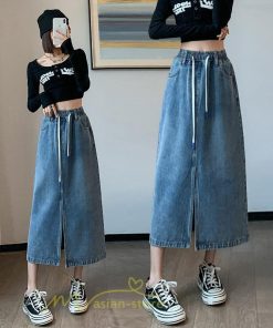 スカート | ウエストゴムデニムロング秋冬 ミモレ丈 秋物 レディース ひも付き フロントスリット Aライン大きいサイズあり スカート 6XL デニム