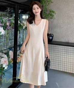 ミディアム | ワンピース レディース ノースリーブ 着痩せ 春 夏 新作 無地 きれいめ サマーワンピース 20代 30代 40代 Vネック エレガント 韓国風 上品 通学 通勤 大人