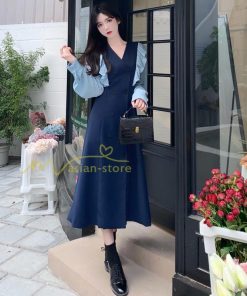 マキシ | Vネックワンピース ミモレ丈ワンピース フレア 秋 レディース 長袖ワンピ 腰着痩せ Aラインワンピース 30代40代 ドッキングワンピ エレガント 大人 通学通勤