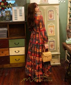 マキシ | ワンピース 七分袖 レディース 夏服  秋服 ロングワンピース マキシ丈 Vネック 民族風 エスニック風 体型カバー カジュアル お洒落 レトロ ハイウエスト