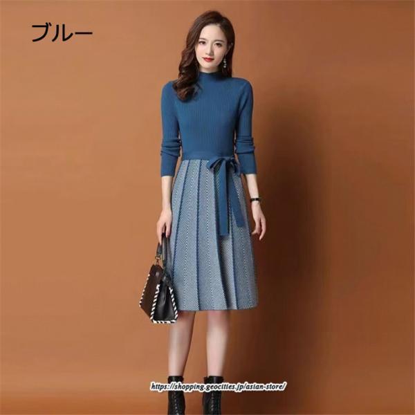 ミディアム | ニットワンピース レディース 秋冬 30代 40代 オシャレ 長袖 リボン Aラインプリーツスカート ニット 長袖 春 着痩せ 秋 冬 韓国風 OL通勤 二次会
