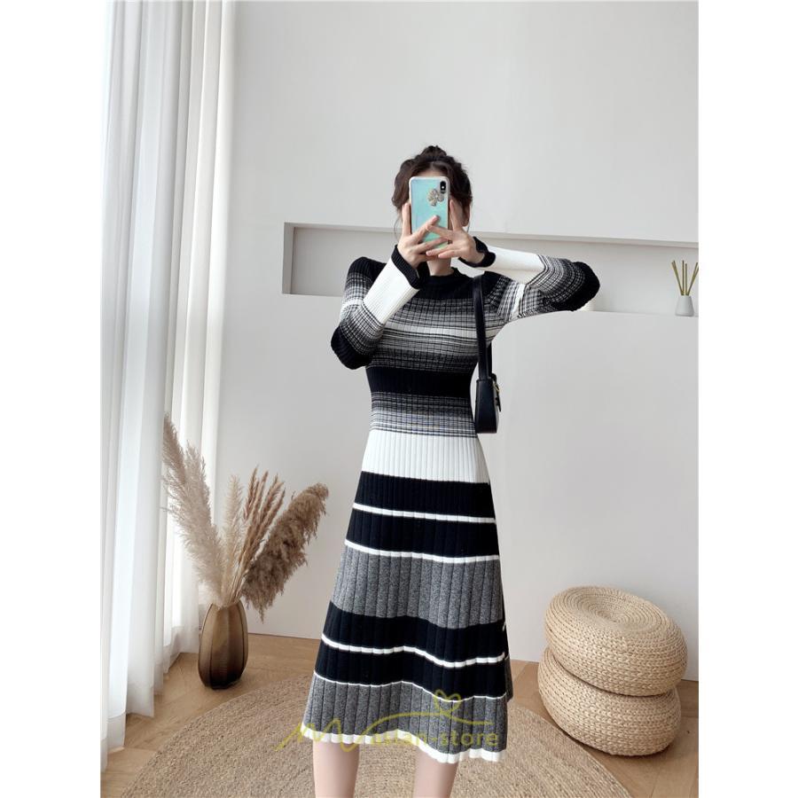 ニットワンピース | ワンピース レディース ニット ワンピース ニット チュニック ロング 長袖 着痩せ 秋冬 送料無料 ボーダー柄 2022新作 韓国風 秋冬コーデ 大人可愛い