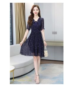 ミディアム | サマーワンピース レディース 半袖 薄手 透け感 Vネック おしゃれ カジュアル ミディアムワンピース フレア 大きいサイズ 星柄 XXL きれいめ 可愛い ワンピース