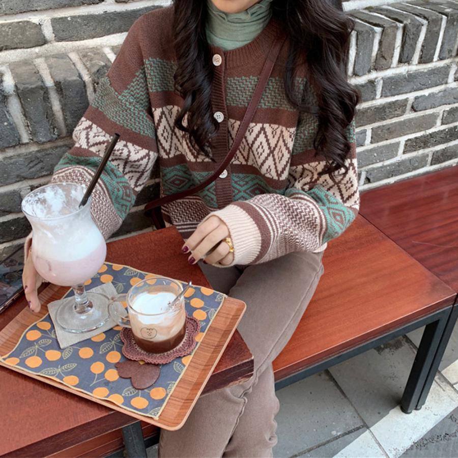 ニット・セーター | 幾何学柄カーディガン配色切替え韓国風