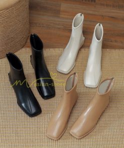 ショートブーツ | ブーツ レディース シューズ 靴 太ヒール チャンキーヒール ブーティー スクエアトゥ 合皮ブーツ COS 後ろファスナー PUブーツ コスプレ くつ