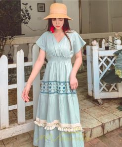 マキシ | ワンピース エスニック 綿麻 エスニックファッション 春ワンピ 夏ワンピ コットン リネン かわいい おしゃれ ハイウエスト バカンス 刺繍 Vネック リゾート 旅行