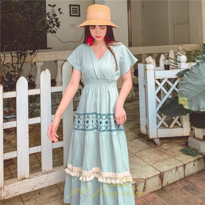 マキシ | ワンピース エスニック 綿麻 エスニックファッション 春ワンピ 夏ワンピ コットン リネン かわいい おしゃれ ハイウエスト バカンス 刺繍 Vネック リゾート 旅行