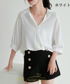 シャツ・ブラウス | レディース シャツ ブラウス 夏コーデ 上品 Vネック 華奢見え 着痩せ オフィス 七分袖 白 ライトグリーン 無地 ビジネス リクルート 日常 おしゃれ 事務服