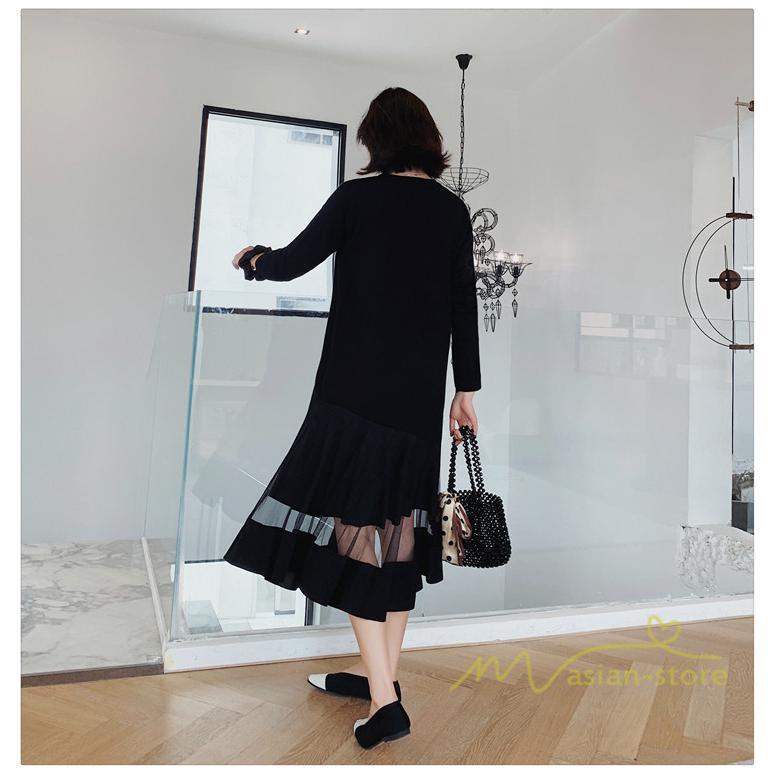 マキシ | 黒ワンピース 長袖ワンピース 秋物 レディース 切り替えワンピース ゆったり 大きいサイズ 裾チュール 30代40代 大人 20代50代 かわいい 通学通勤 ワンピース