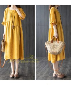 ミディアム | ワンピース レディース 40代 50代 半袖 きれいめ ゆったり ミディ丈 30代 ミディアム丈 綿麻混ワンピース 韓国ファッション 丸首 上品 カジュアル 夏物 お出かけ