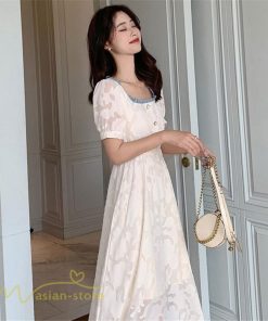 ミディアム | ワンピース レディース 着痩せ スクエアネック 上品 可愛い 半袖 ハイウエスト 透け感 Aラインワンピース 韓国風 20代 お出かけ 通勤通学 30代 きれいめ 40代