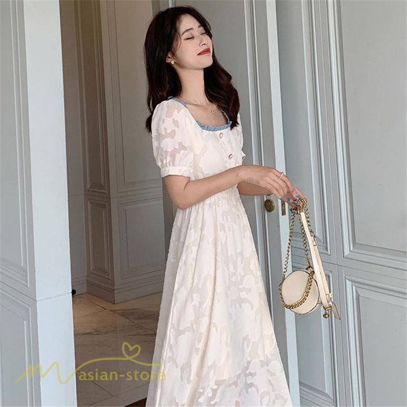 ミディアム | ワンピース レディース 着痩せ スクエアネック 上品 可愛い 半袖 ハイウエスト 透け感 Aラインワンピース 韓国風 20代 お出かけ 通勤通学 30代 きれいめ 40代