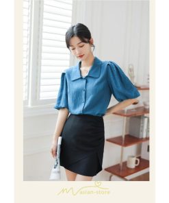 シャツ・ブラウス | ブラウス レディース オフィス シャツ 青 フォーマル 半袖 おしゃれ カジュアル フェミニン 開襟 着痩せ フランス風 お仕事 クラシック ビジネス 通勤 OL