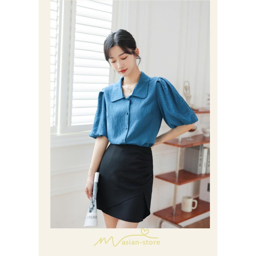 シャツ・ブラウス | ブラウス レディース オフィス シャツ 青 フォーマル 半袖 おしゃれ カジュアル フェミニン 開襟 着痩せ フランス風 お仕事 クラシック ビジネス 通勤 OL