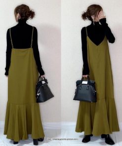 マキシ | ワンピース キャミワンピース レディース 秋 冬 Vネック  マーメイド マキシワンピ ロング デイリー おしゃれ 肩紐調節可 フリル 可愛い