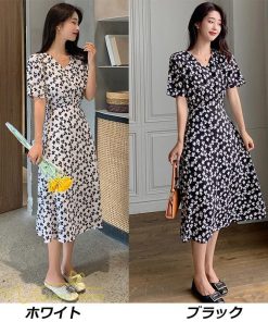 ミディアム | ワンピース レディース 着痩せ 花柄 半袖 大きいサイズ 上品 Aラインワンピース ゆったり Vネック ハイウエスト ミディアム丈 お出かけ 通勤 ひざ丈 通学