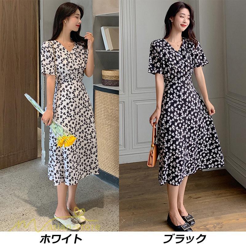 ミディアム | ワンピース レディース 着痩せ 花柄 半袖 大きいサイズ 上品 Aラインワンピース ゆったり Vネック ハイウエスト ミディアム丈 お出かけ 通勤 ひざ丈 通学