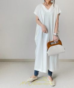 マキシ | 夏ワンピース 半袖ワンピース ロングワンピース 半袖 夏服 レディース 無地 サイドスリット Vネック 大きい ゆったり 白 黒 50代 30代40代 ポケット 可愛い