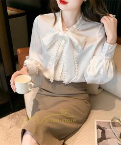 シャツ・ブラウス | ボウタイ リボン ブラウス シャツ リボンシャツ レディース 長袖 白 トップス 無地 大人 女性 ビジネス 入学式 卒業式 ママ 着回し 通勤 通学 カジュアル