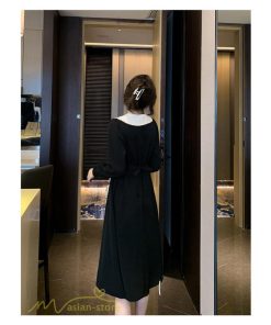 ミディアム | Aラインワンピース 秋コーデ レディース 長袖 膝丈ワンピース 腰リボン付き 美ライン シルエット 無地 フォーマル お呼ばれ 大人 オフィス 黒ワンピース