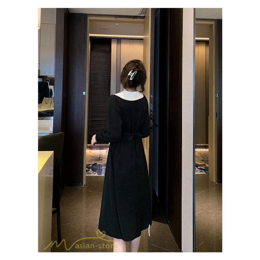 ミディアム | Aラインワンピース 秋コーデ レディース 長袖 膝丈ワンピース 腰リボン付き 美ライン シルエット 無地 フォーマル お呼ばれ 大人 オフィス 黒ワンピース