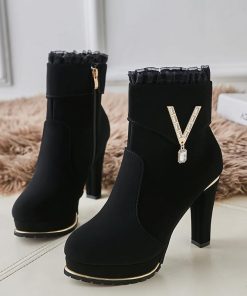 ショートブーツ | スエードブーツ レディース 切替 レース ラウンドトゥ 厚底シューズ チャンキーヒール 太ヒール 厚底 ミドルヒール サイドファスナー 黒