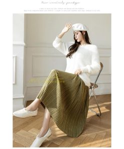 スカート | プリーツロングミモレ丈 ビロードAラインウエストゴム ハイウエスト 秋冬 無地 ゆったり 通学通勤 大人