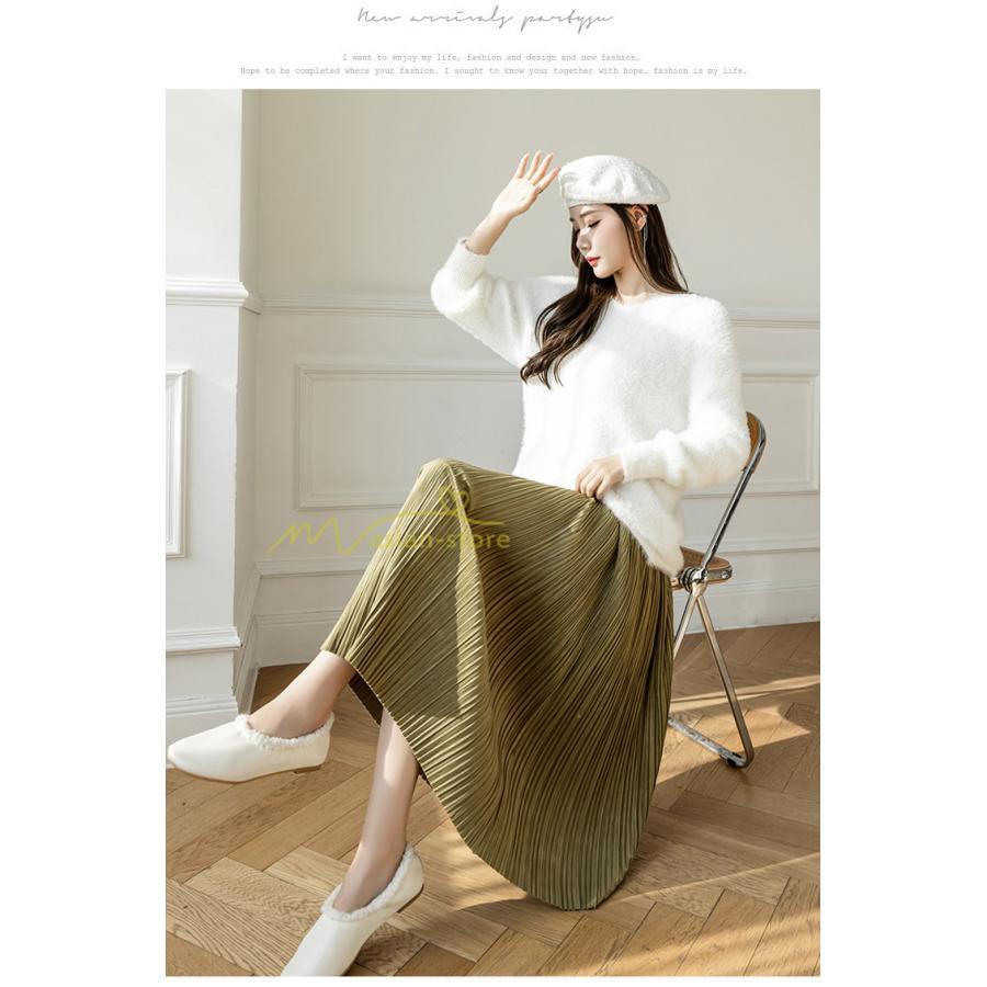 スカート | プリーツロングミモレ丈 ビロードAラインウエストゴム ハイウエスト 秋冬 無地 ゆったり 通学通勤 大人