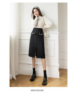 スカート | ロング丈 ミモレ丈 ハイウエスト Aライン レディース エレガント レトロ風 着痩せ 秋冬 スリット 女子会 ビジネス 通勤 OL フォーマル 就活　