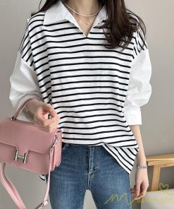 シャツ・ブラウス | ブラウスシャツ レディース 七分袖 Tシャツ 切り替え ボーダー フェイク 重ね着風 レイヤード トップス オフィスカジュアル 大人 20代 50代 通勤 30代