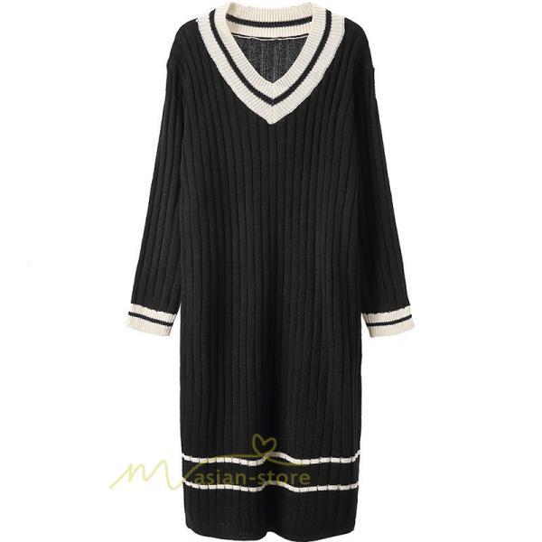 在庫ある | 短納期ロングニットワンピース ロングワンピ カットソー 長袖 トップス Vネック ゆったりセーターニット 体型カバー OL ストレートニットワンピ 通学通勤