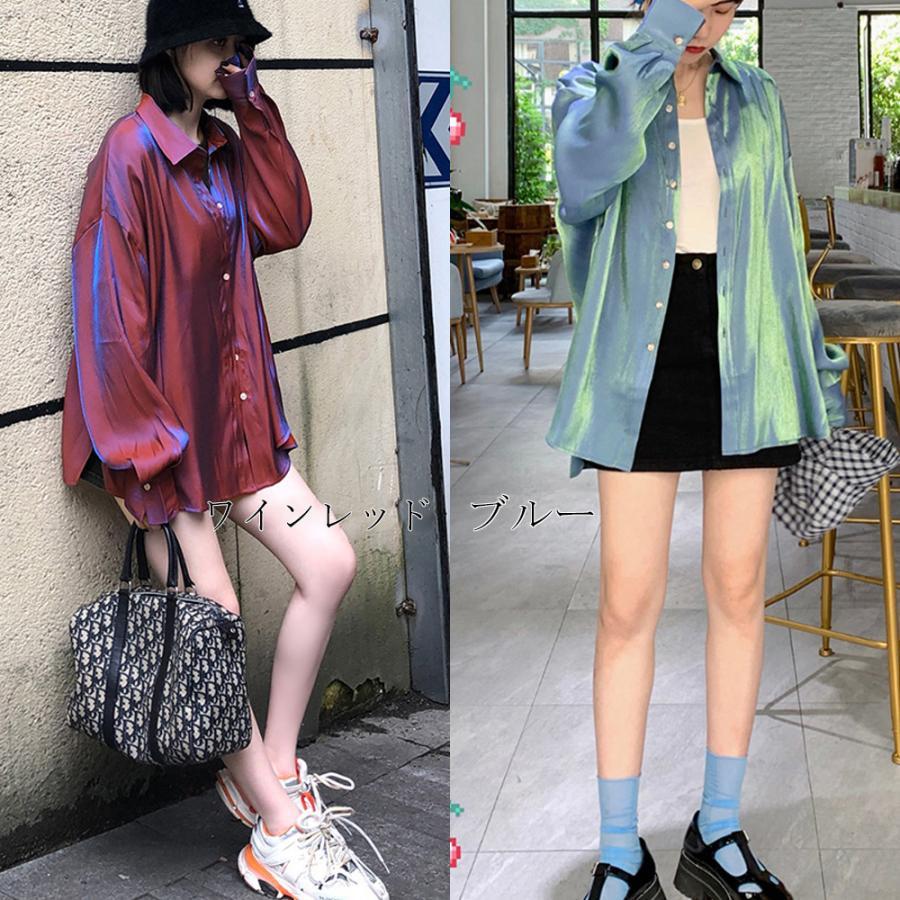 カーディガン | 光沢 サテン 春 レディース ブラウス ロングシャツ 夏 トップス 長袖 カラーシャツ レトロデザイン