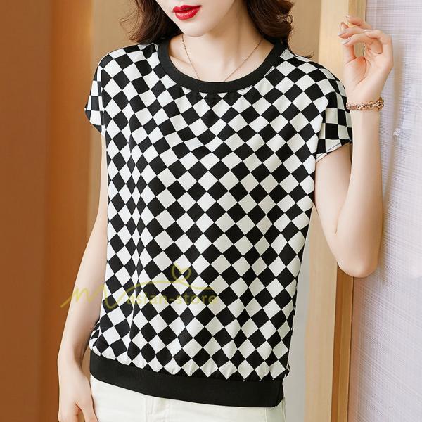 tシャツ・カットソー | Tシャツ トップス レディース 白トップス 40代 春夏 上品 半袖Tシャツ ブラウス カジュアル 韓国風 通勤 50代 ゆったりTシャツ カットソー 30代 チェック柄 OL