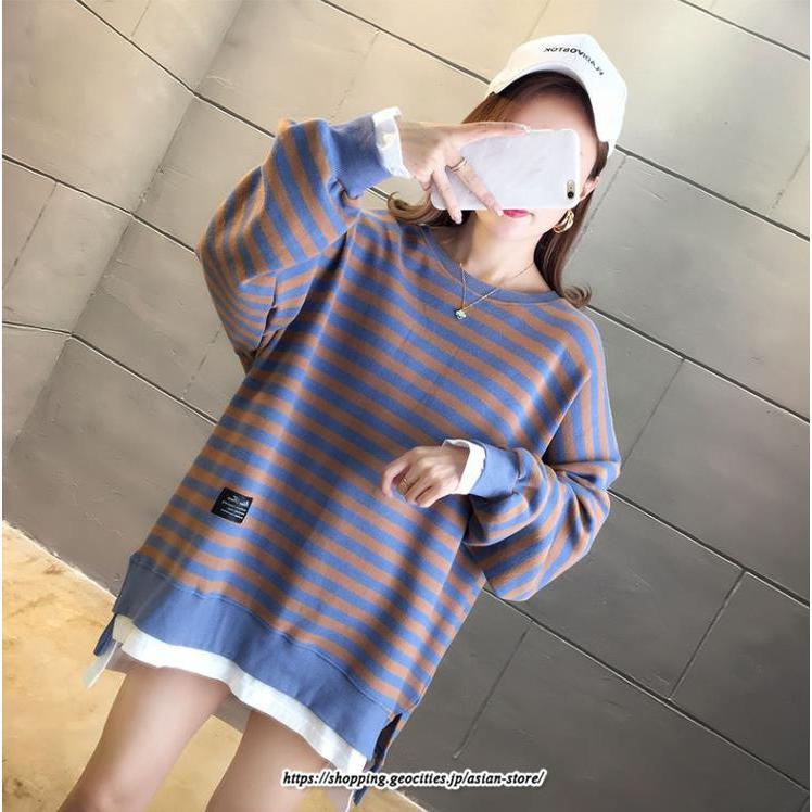 パーカー | 重ね着風トレーナー レディース 長袖 トップス カジュアル スウェット ボーダー柄 ゆったり トレーナー トップス 切り替え 可愛い きれいめ レイヤード風