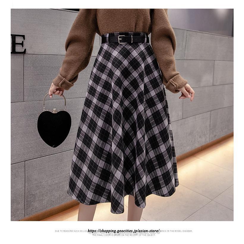 スカート | ロングミモレ レディース フレア Aライン ハイウエスト おしゃれ ゆったり ひざ下 体型カバー チェック柄 ラシャ ベルト付き 30代 20代 40代