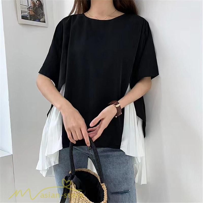 シャツ・ブラウス | ブラウス 夏服 レディース 半袖 五分袖 トップス 切り替え フェイク シフォン 涼感 通気性 無地 可愛い 女っぽい ゆったり 50代60代 大人 揺れる 30代40代