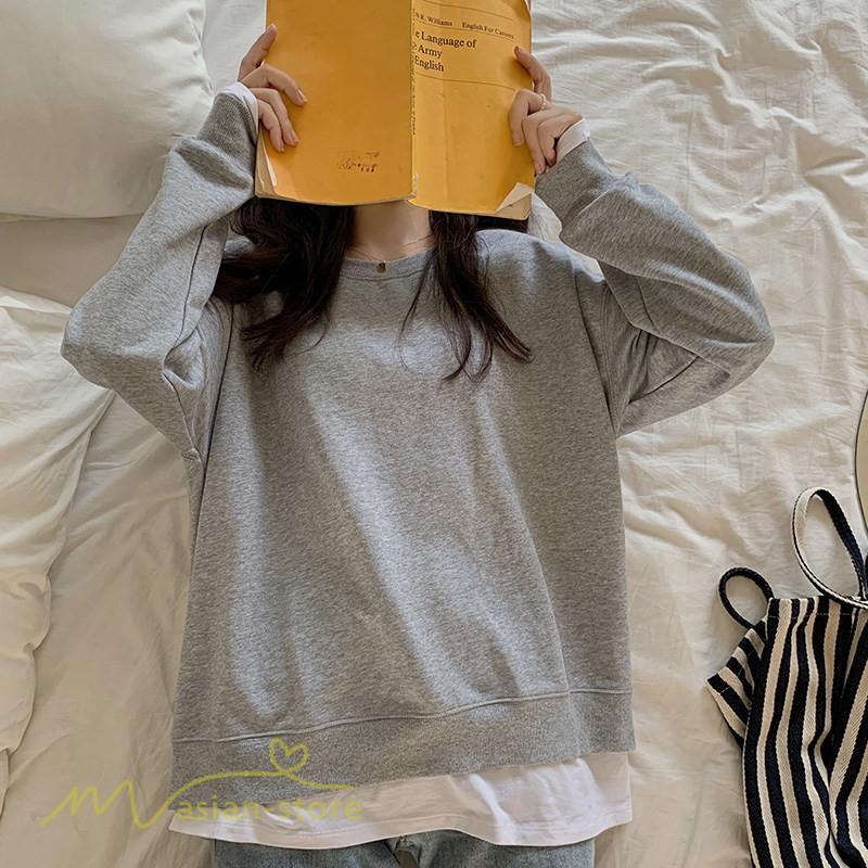 パーカー | 重ね着トレーナー レディース 長袖 トップス カジュアル スウェット 重ね着風 チュニック 体型カバー カットソー ゆったり カジュアル プルオーバー トレーナー