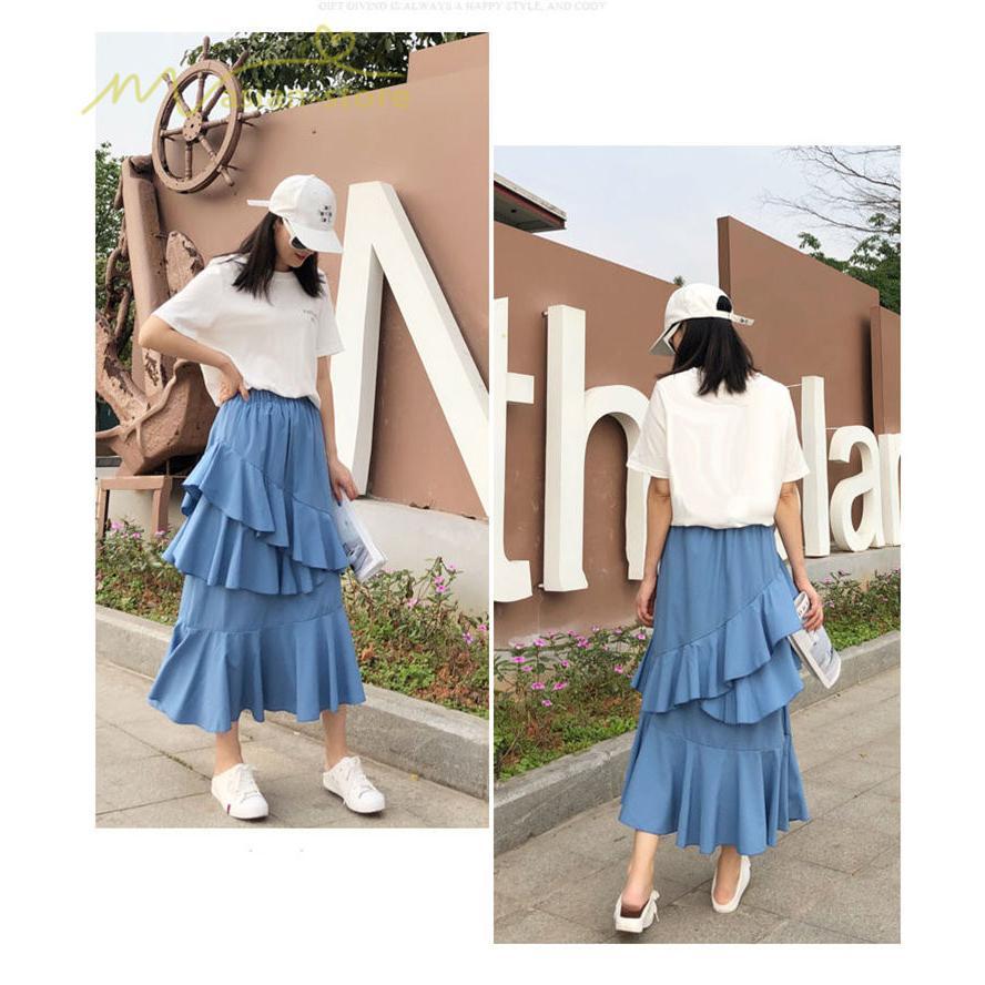 スカート | Aライン フレア裾 不規則アシンメトリー シフォン 韓国風 ティアード フリーサイズ 2020夏コーデ プリーツフレア ウエストゴム ハイウエスト