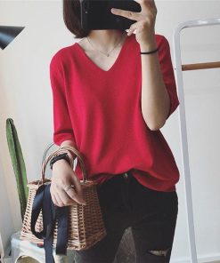 tシャツ・カットソー | Tシャツ カットソー レディース トップス 五分袖 夏服 秋物 リブ 無地 柔らかい Vネック 可愛い ニット インナー 通学通勤 20代30代 スリム 40代50代