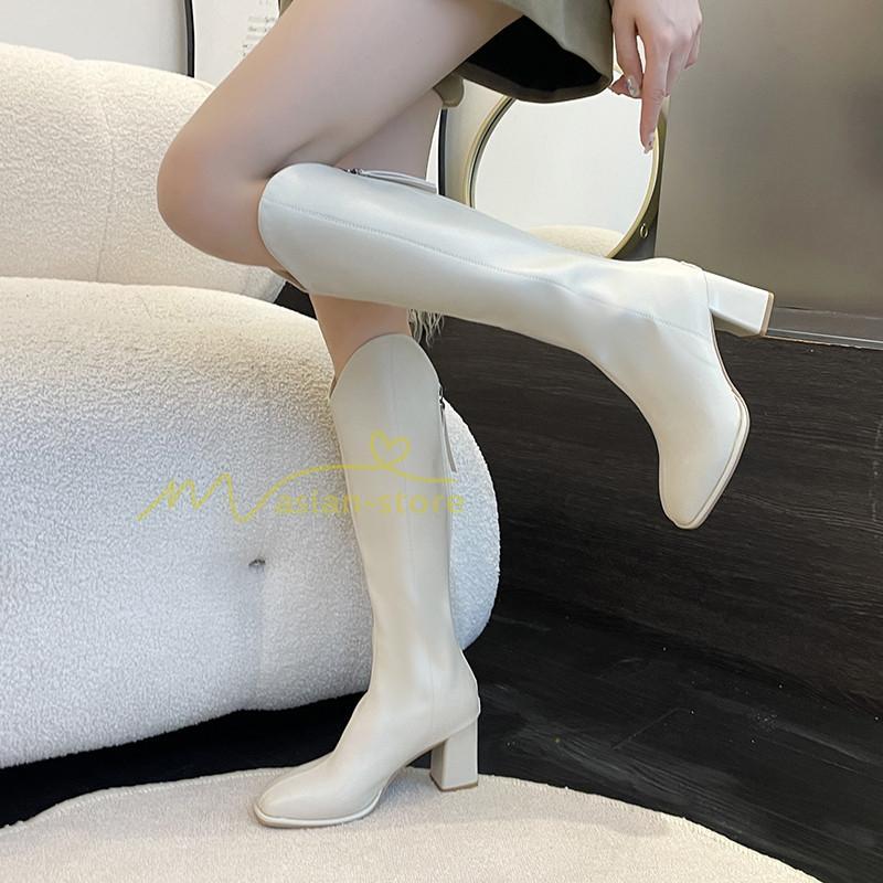 ロングブーツ | レディース ブーツ 秋冬 シューズ 靴 太ヒール チャンキーヒール 合皮ブーツ PUブーツ ロング靴 後ろファスナー COS くつ 大人 コスプレ
